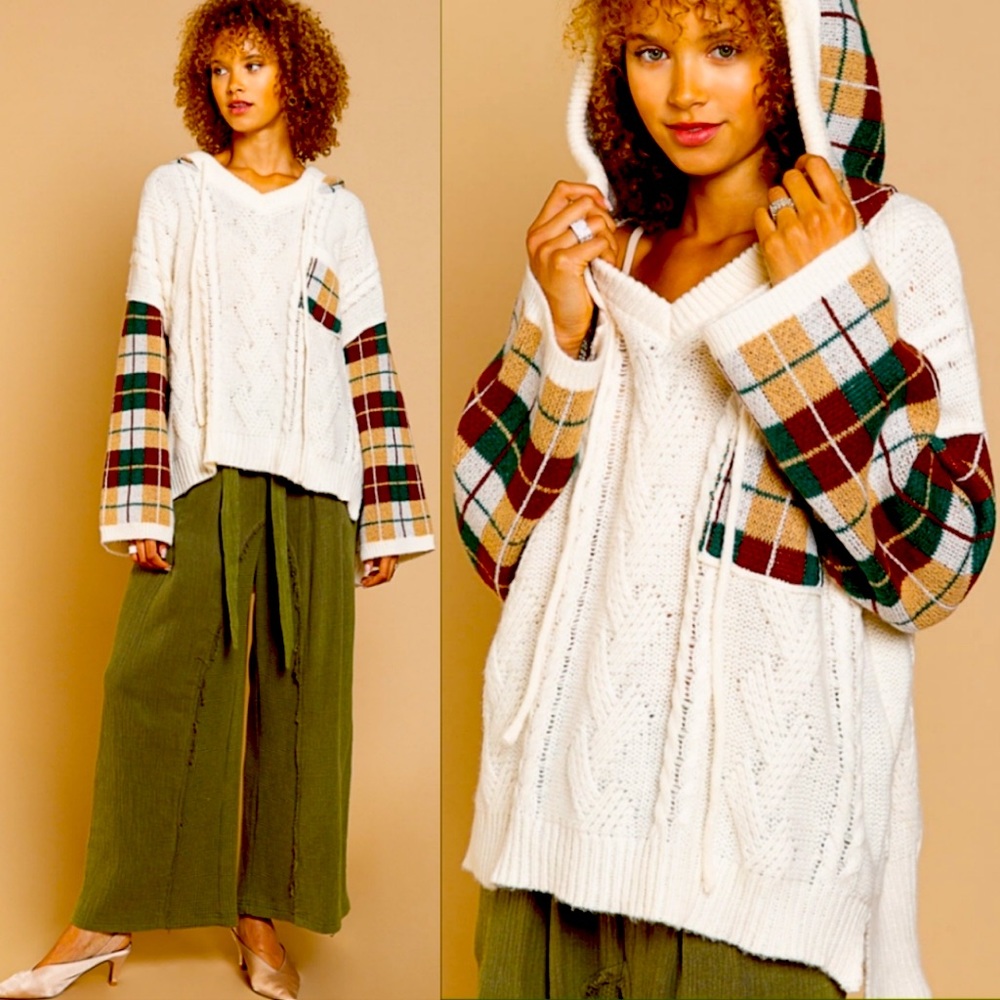 BPS13🤍🤎POL perspective in a boho cream v-neck sweater w/tan+brown check trim - Picture 11 of 11